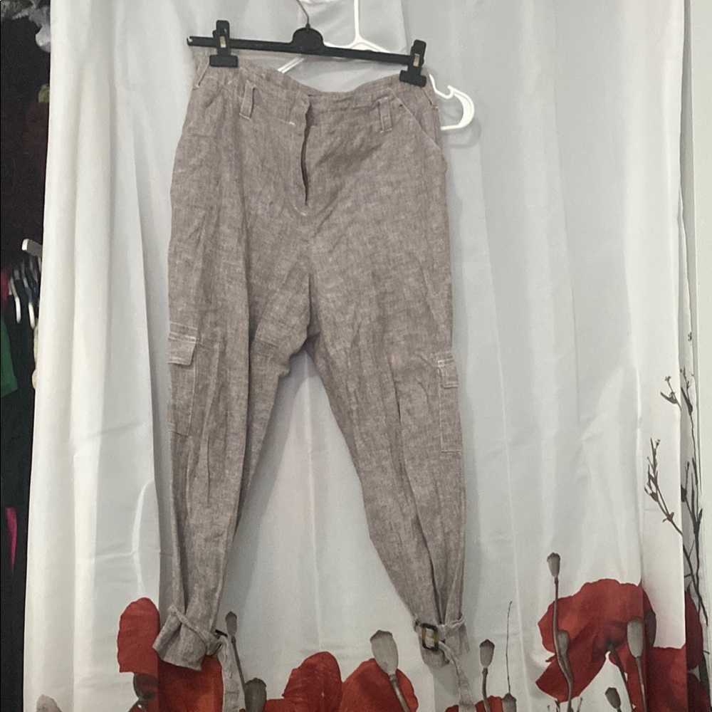 7th Avenue Brown Linen Cargo Pants with tie detail at ankle ( removable) size 8P